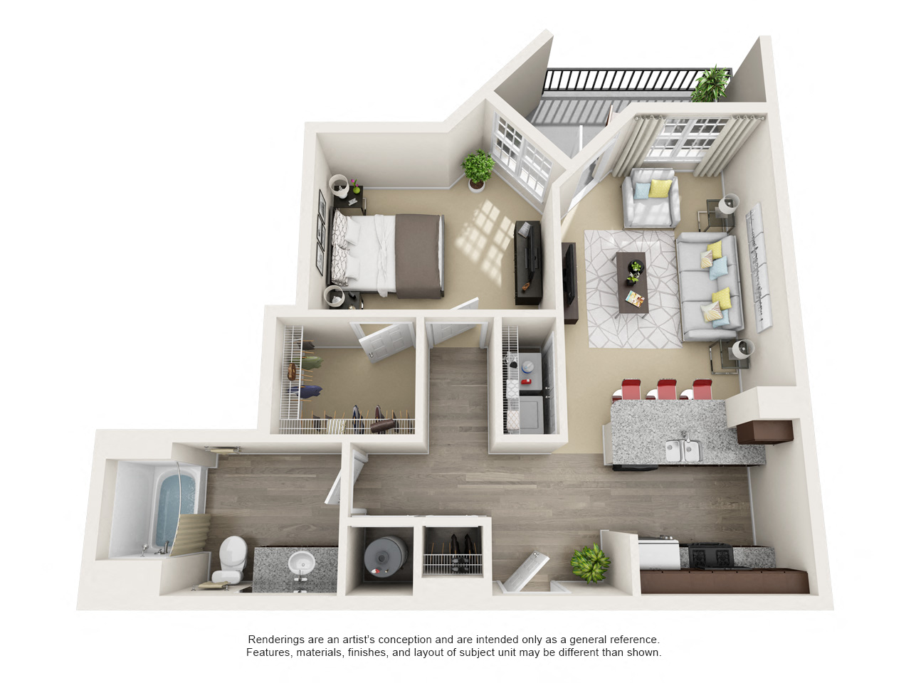 Floor plan for 1 bed, 1 bath, 709 sqft